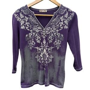 Vintage Y2K Blue Canyon Purple silver beaded studded women's shirt Size Medium